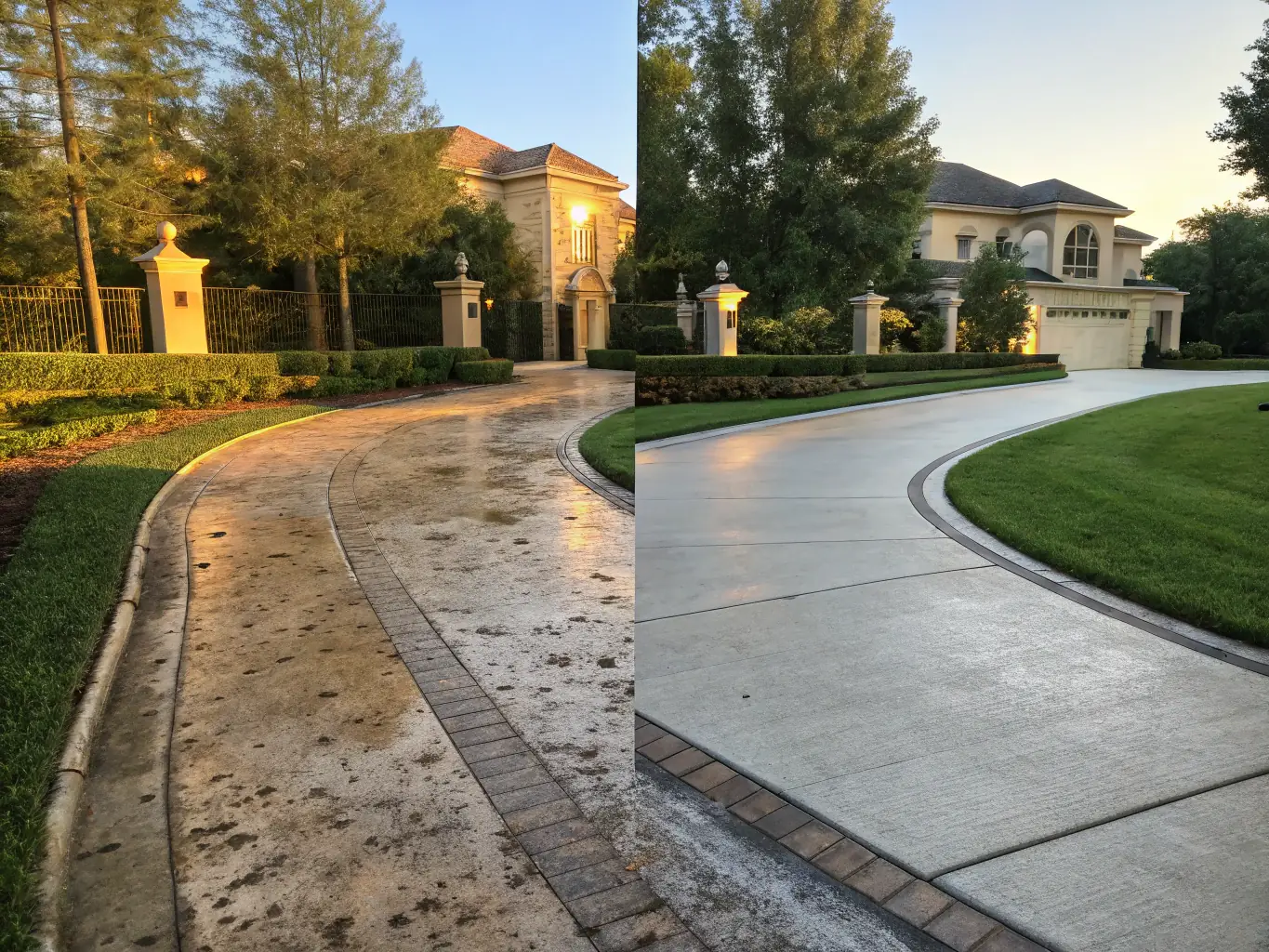 A before-and-after shot of a driveway cleaned by Mojo Pressure Washing, demonstrating the transformative results and customer satisfaction.