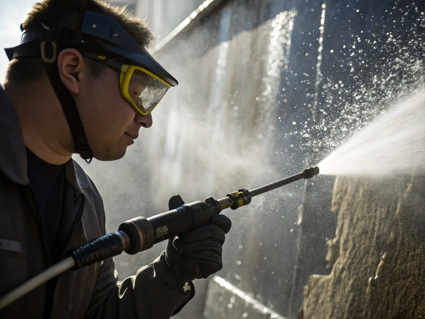 A professional technician using a high-pressure washer on a concrete driveway, with water spray and clean surface visible, demonstrating Mojo Pressure Washing's pressure washing service.