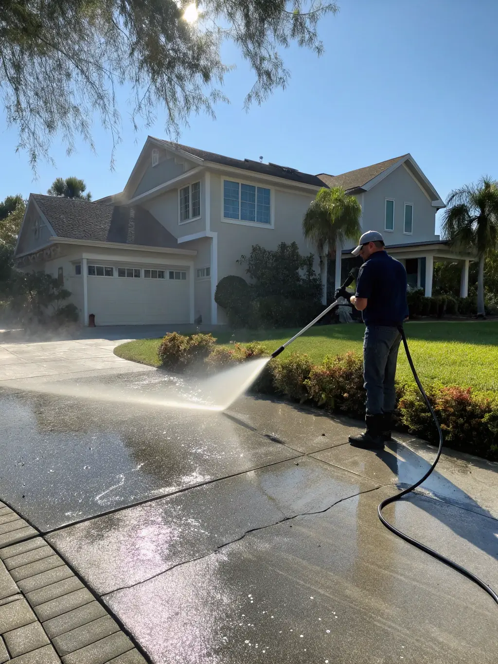 A high-pressure water stream cleaning a heavily soiled concrete driveway, removing years of accumulated dirt and grime, showcasing the effectiveness of Mojo Pressure Washing's pressure washing service.