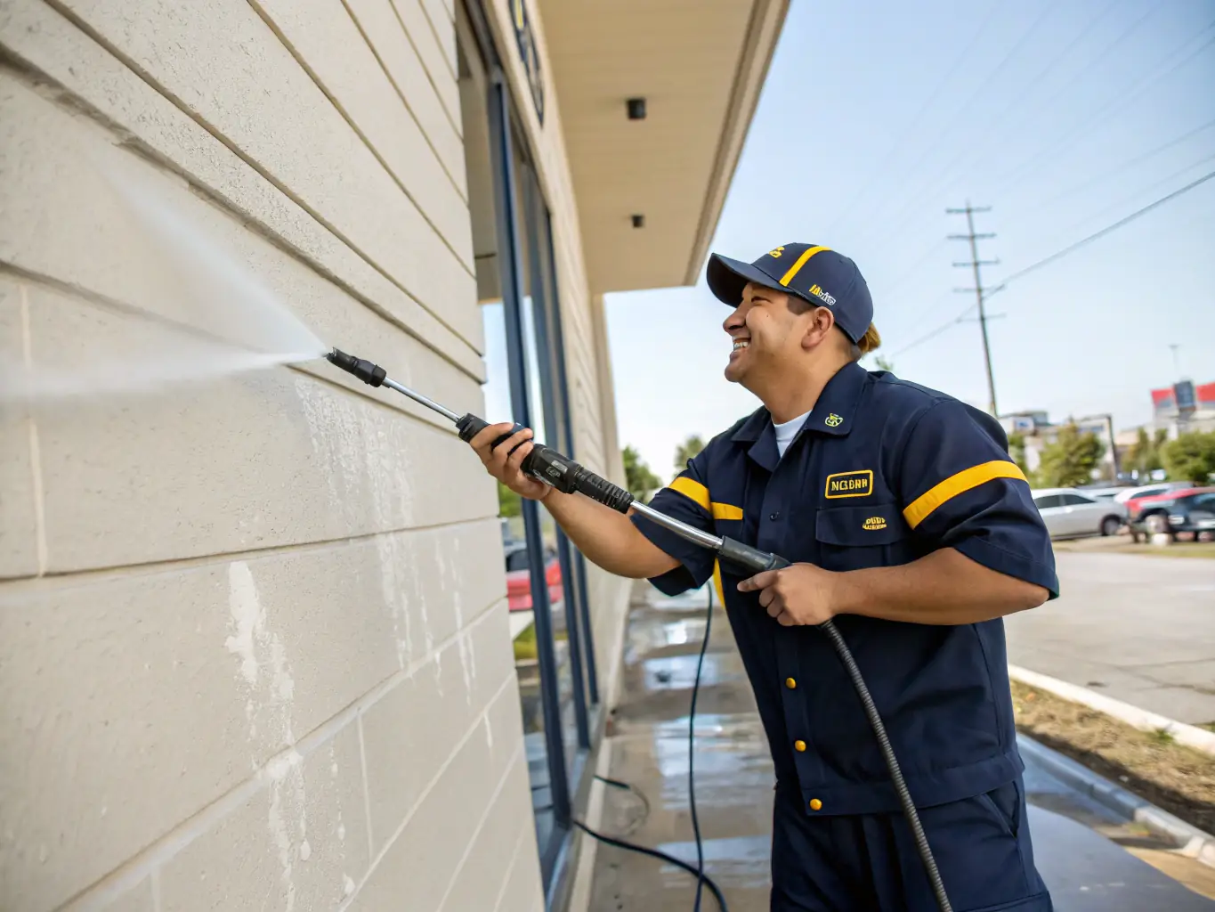 A Mojo Pressure Washing van parked in front of a commercial building in Austin, with technicians working diligently, showcasing reliability and professionalism.