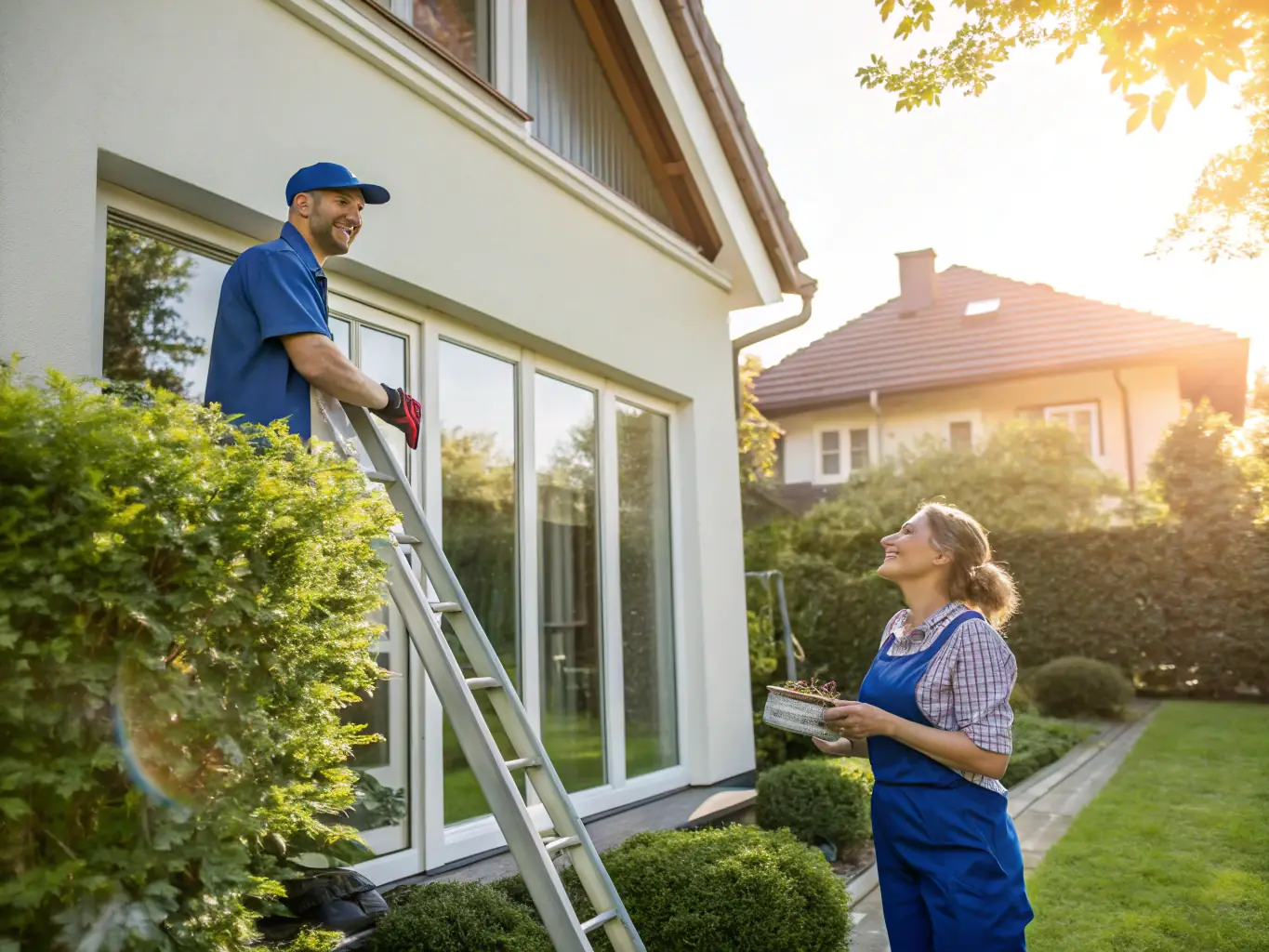 A friendly Mojo Pressure Washing technician interacting with a customer in front of a clean, freshly pressure-washed home, emphasizing trust and customer satisfaction.