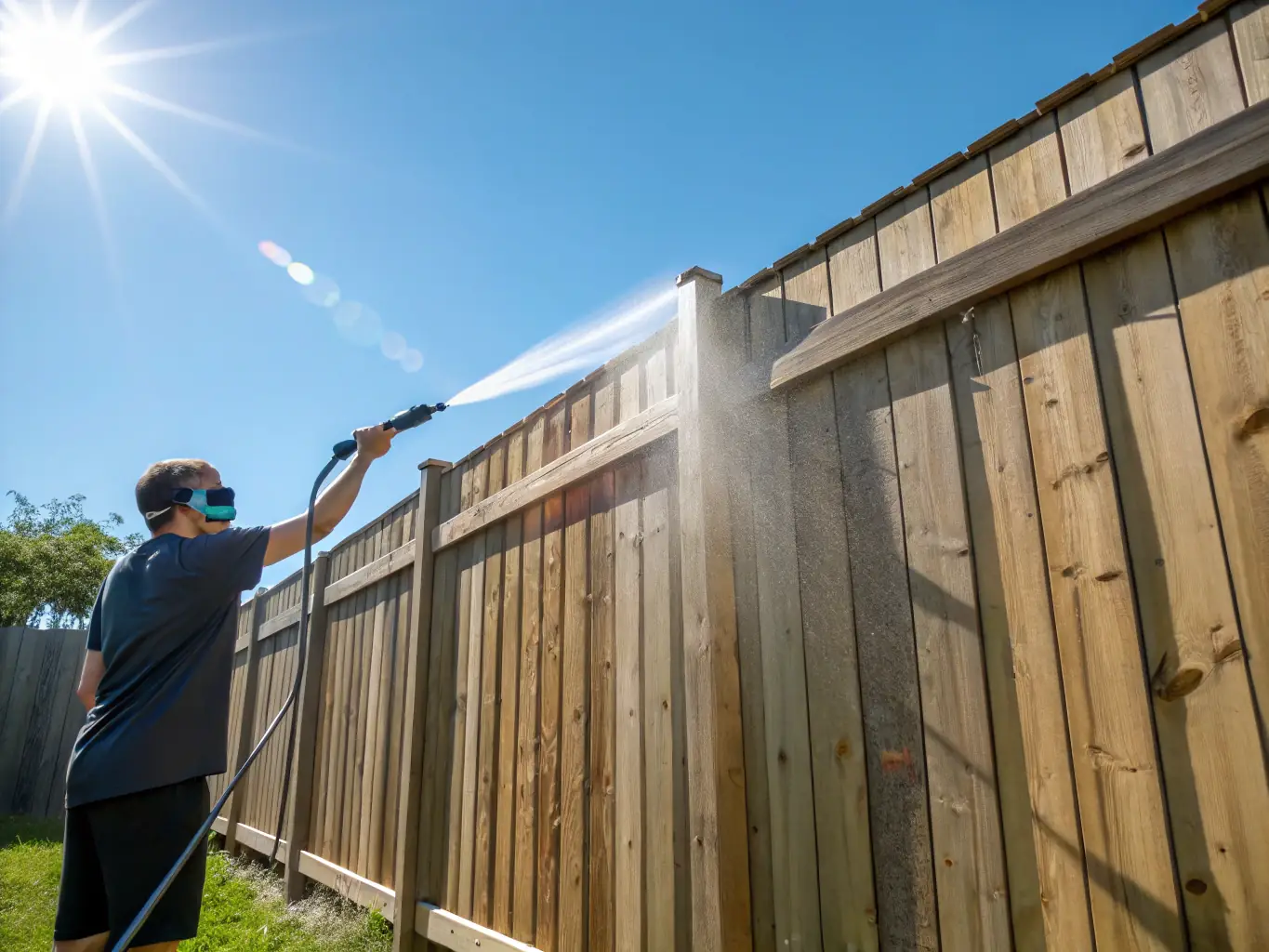 A before-and-after image of a wooden fence, showing significant dirt removal and brightening after cleaning by Mojo Pressure Washing's fence cleaning service.