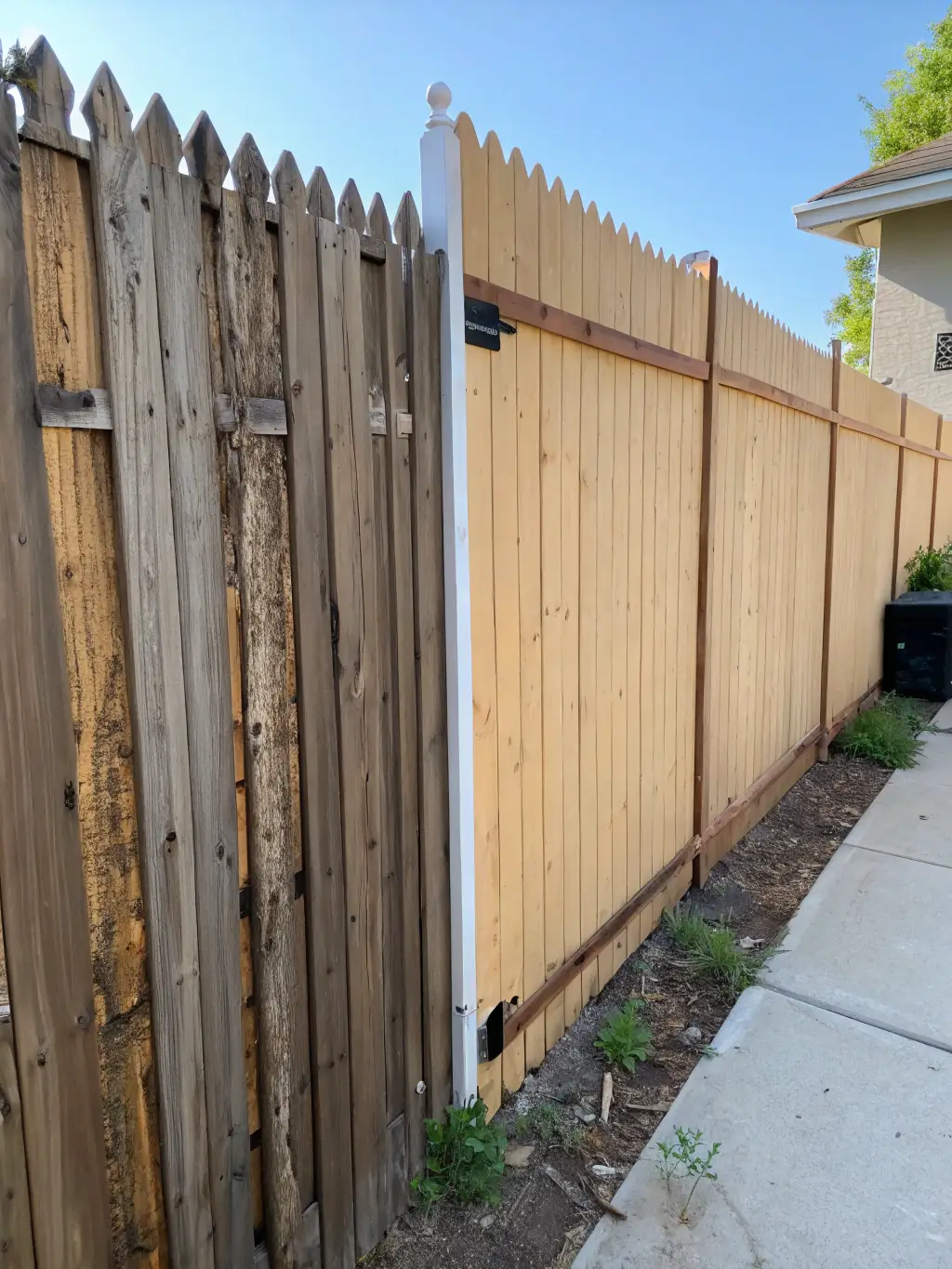 A before-and-after shot of a wooden fence, with one half visibly cleaner and brighter after Mojo Pressure Washing's fence cleaning service, demonstrating the transformative effect.