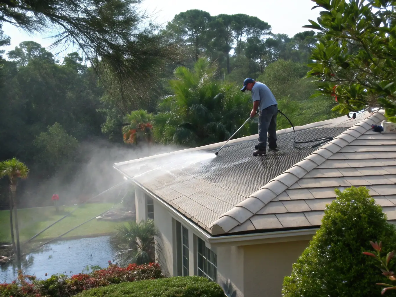 A technician applying soft washing solution to a house exterior with a gentle spray, showing a clean, streak-free surface, illustrating Mojo Pressure Washing's soft washing technique.